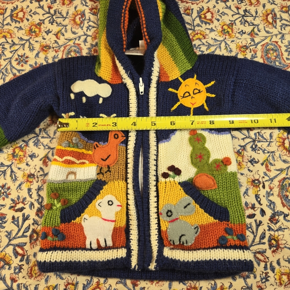 Kid’s Rainbow Peruvian Wool Sweater Zipper Cardigan Embroidered Hooded Sz 0 - Picture 10 of 10